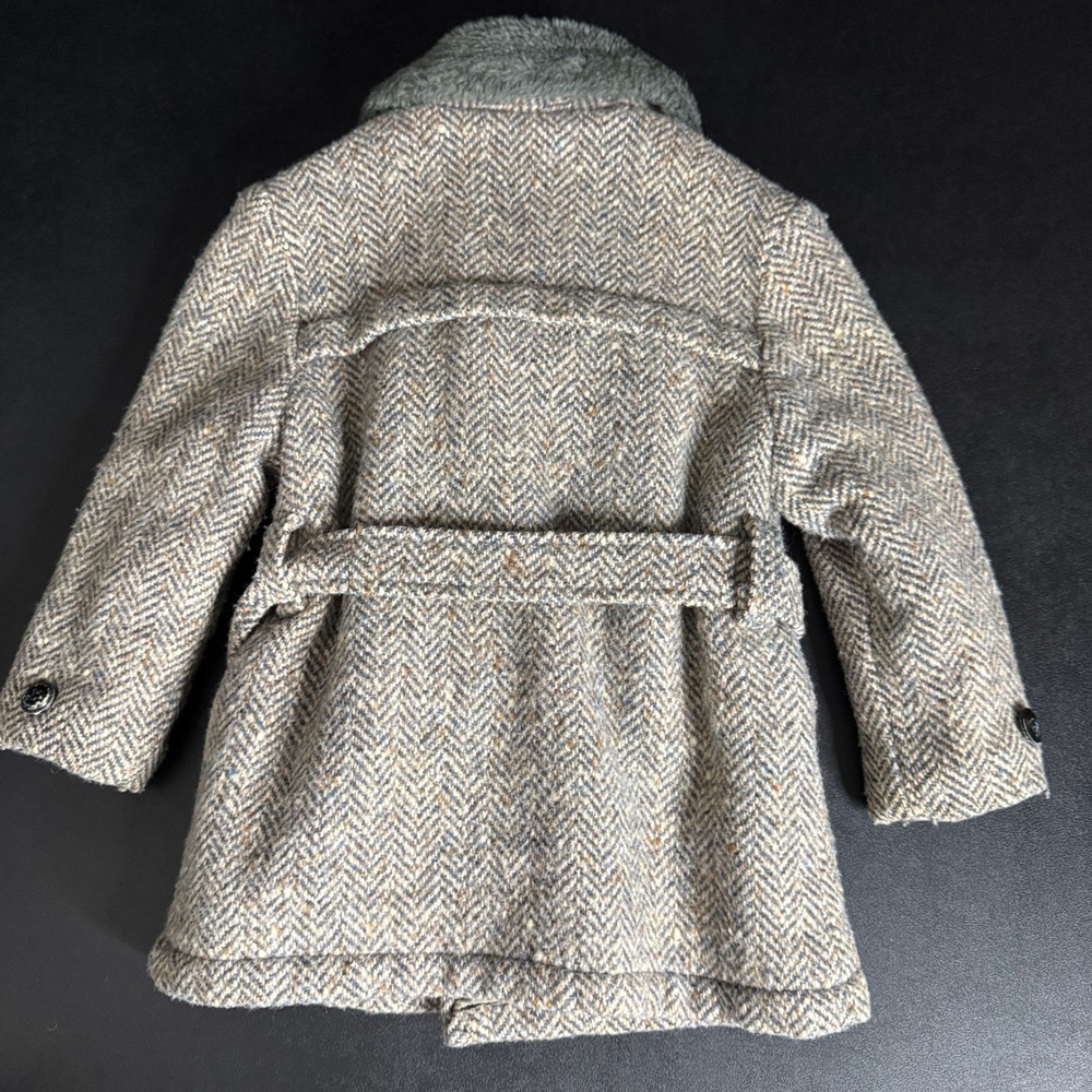Vintage Herringbone Tweed Toddler 12 Mo 1 YO Overcoat Faux Fur Belted Tweed Coat - Picture 2 of 8